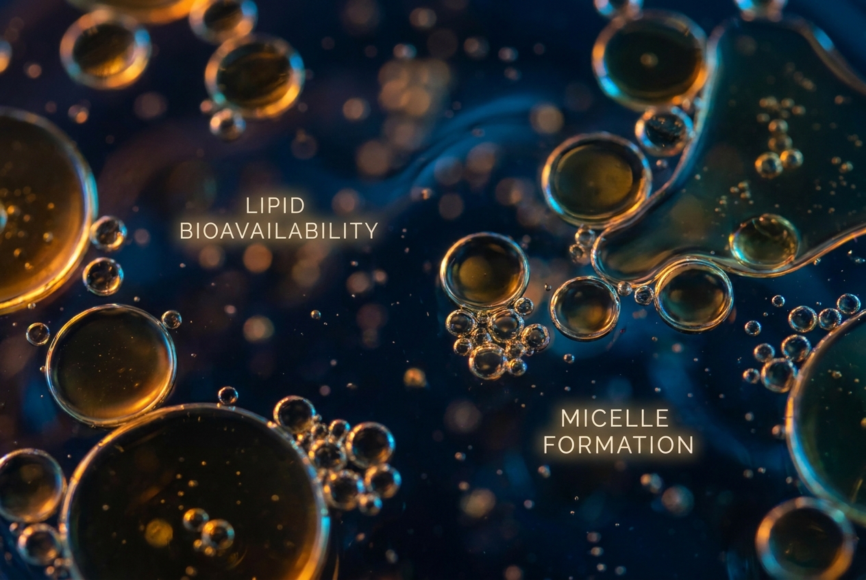 Microscopic view of glowing golden oil droplets merging in a dark, clear liquid.