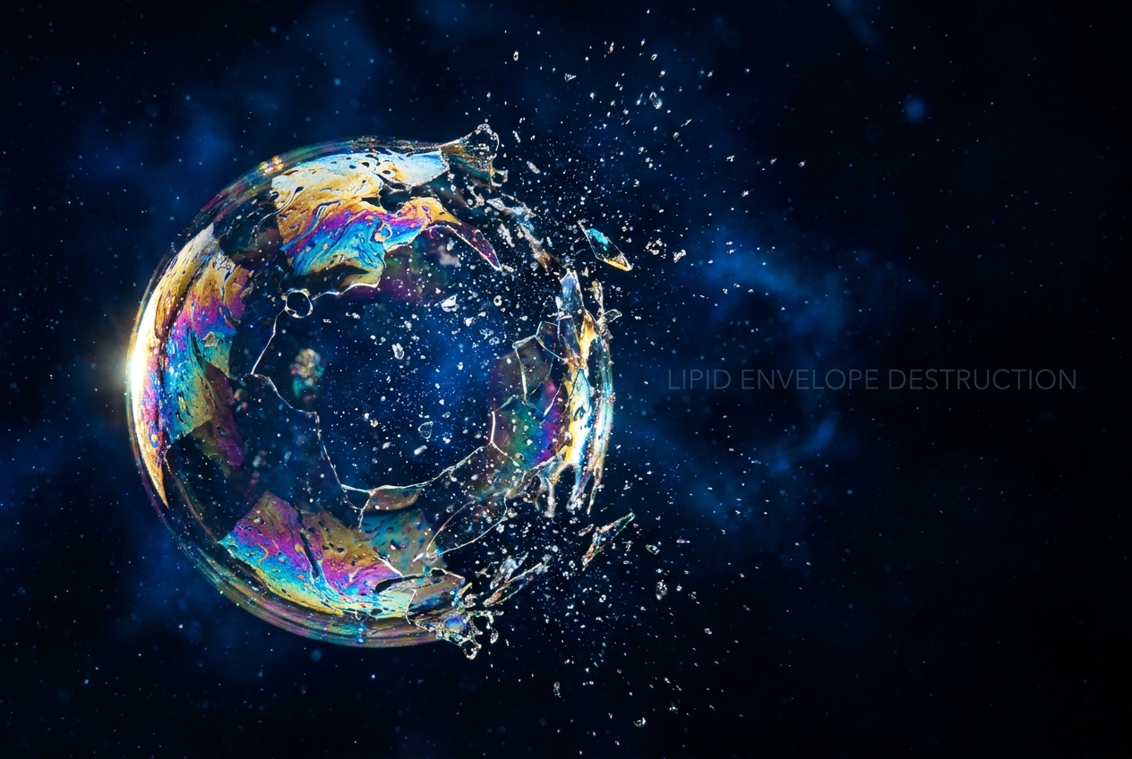 Extreme close up of an iridescent soap bubble bursting into tiny droplets against a dark background.