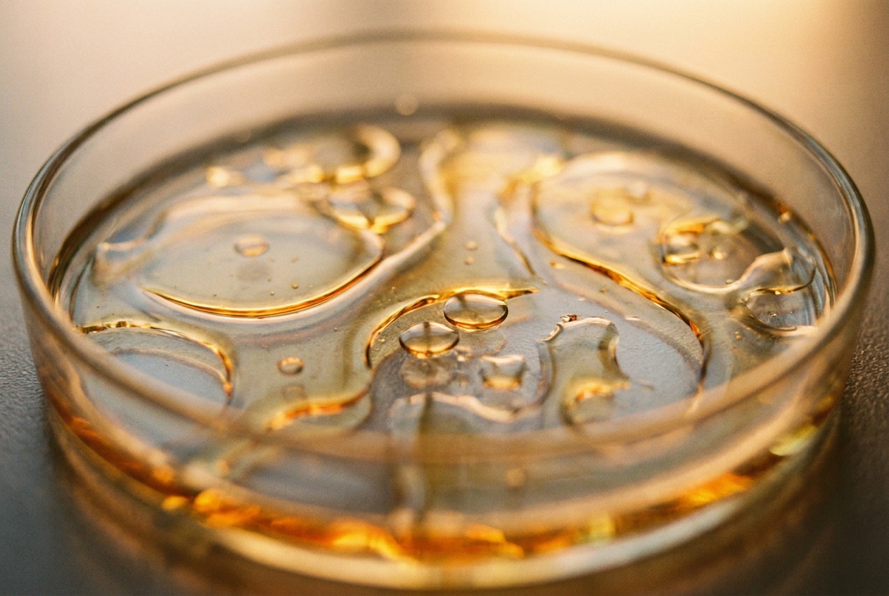 Macro photography of golden oil and water droplets interacting and separating.
