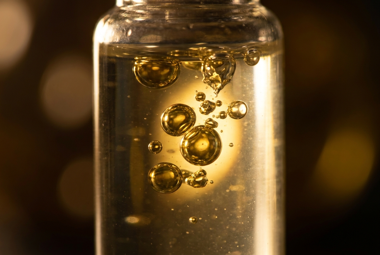 Golden oil droplets suspended and mixing in clear water against a dark background.
