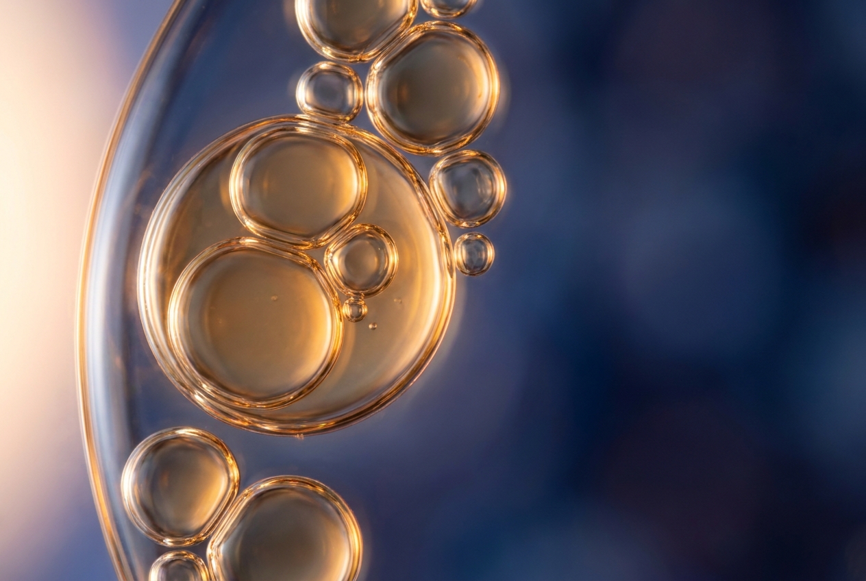 Macro photograph of golden oil droplets floating and separating within a clear aqueous liquid.
