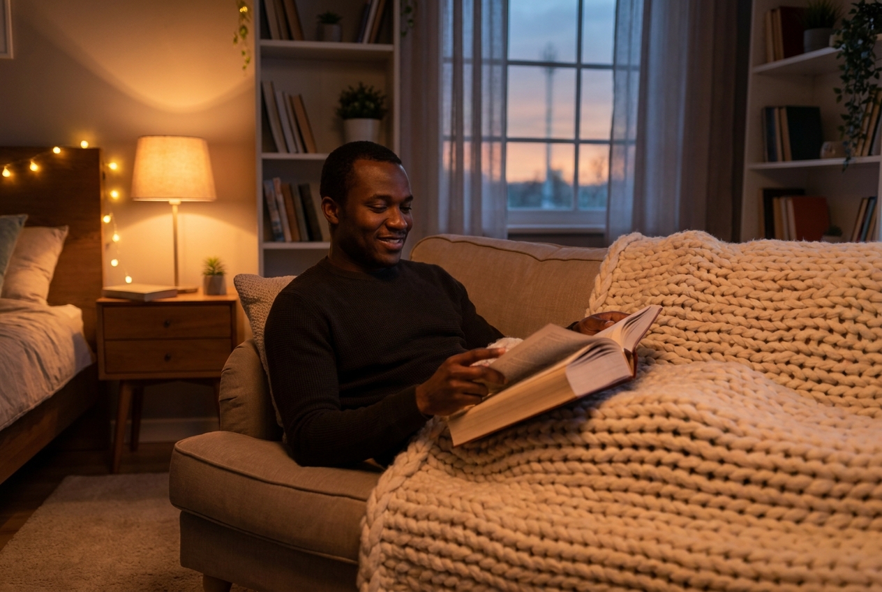 A man relaxing under a thick knitted blanket while reading a hardcover book in a softly lit bedroom.