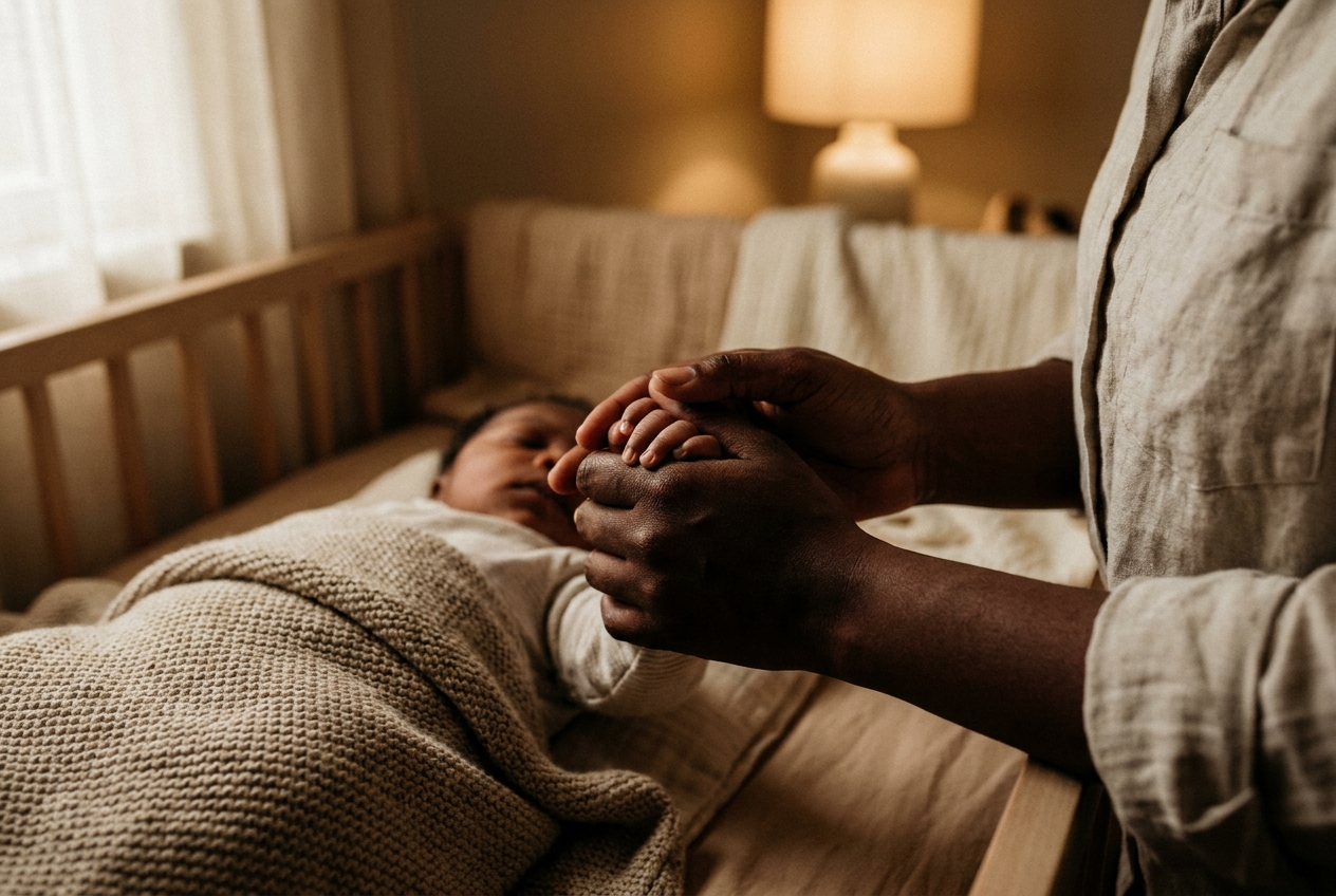 Close up of an African American mother's hand holding her infant's tiny hand.