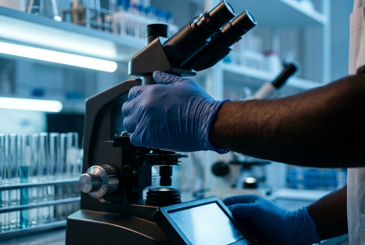 Gloved hands adjusting a modern laboratory microscope.