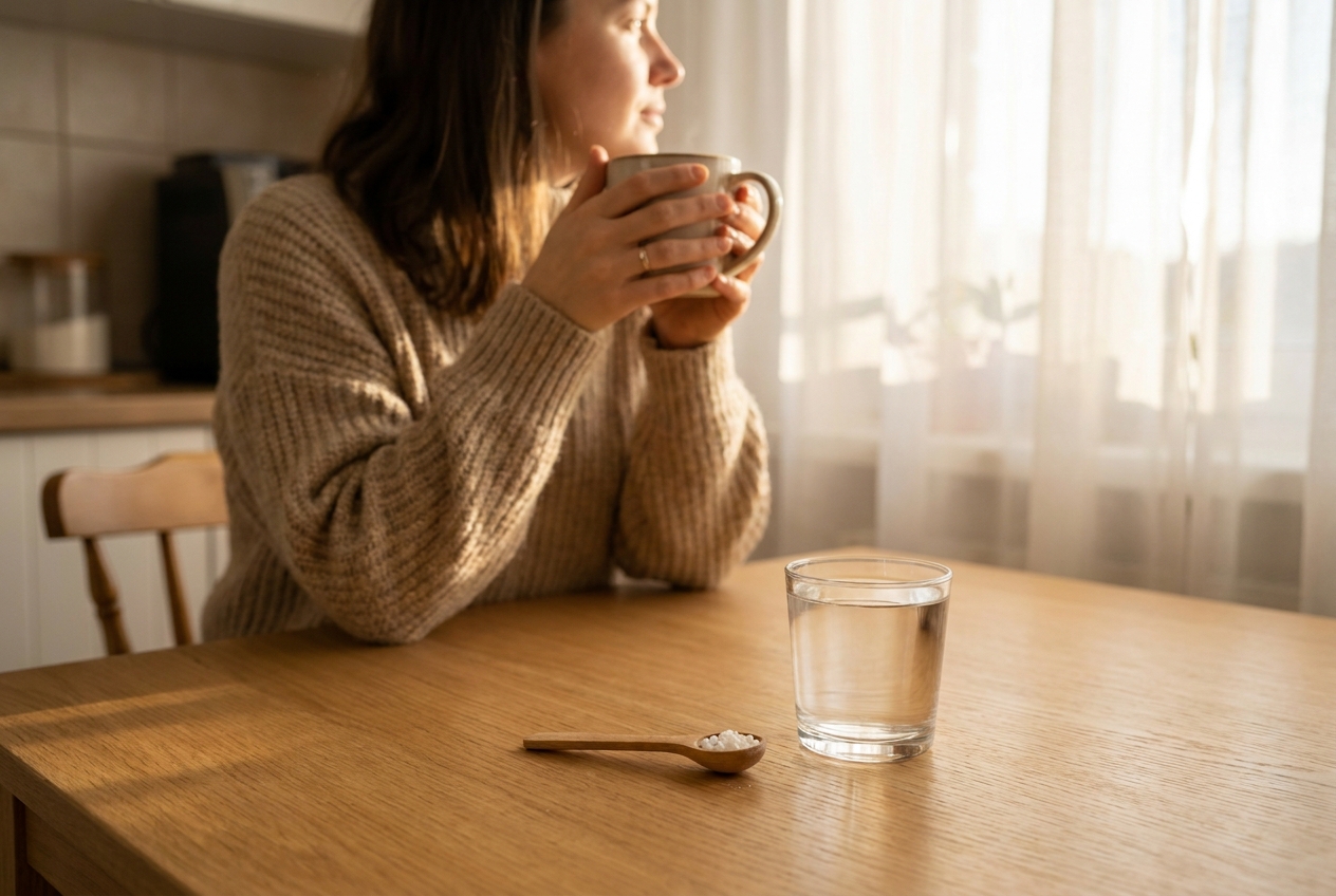 A glass of water and a wooden spoon with white supplement pellets on an oak table.