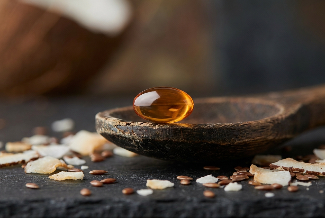 A translucent supplement capsule resting on a wooden spoon next to dried coconut flakes.
