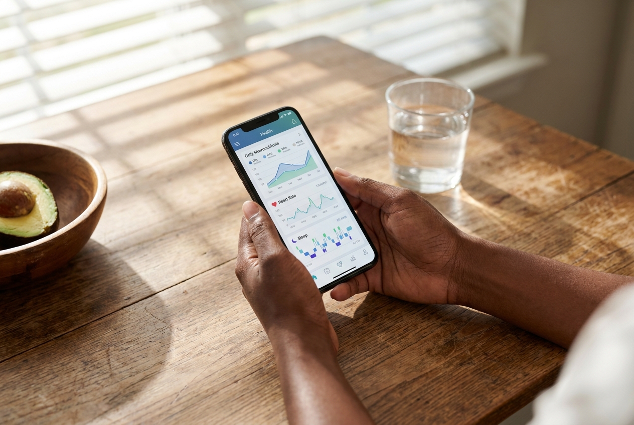Person checking a health and nutrition tracking app on their smartphone at a kitchen table.