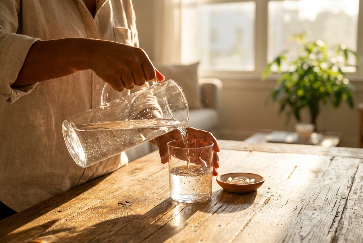 Hands pouring water next to a dish of white supplement capsules.