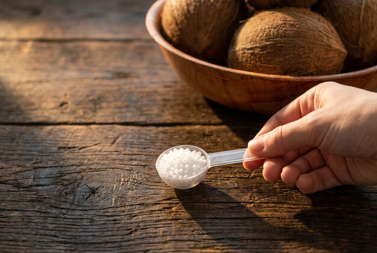 A transparent measuring spoon filled with a white supplement powder on a wooden table.