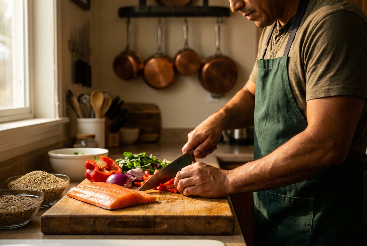 Latino man in a green apron preparing a healthy salmon and vegetable meal in a warm kitchen.