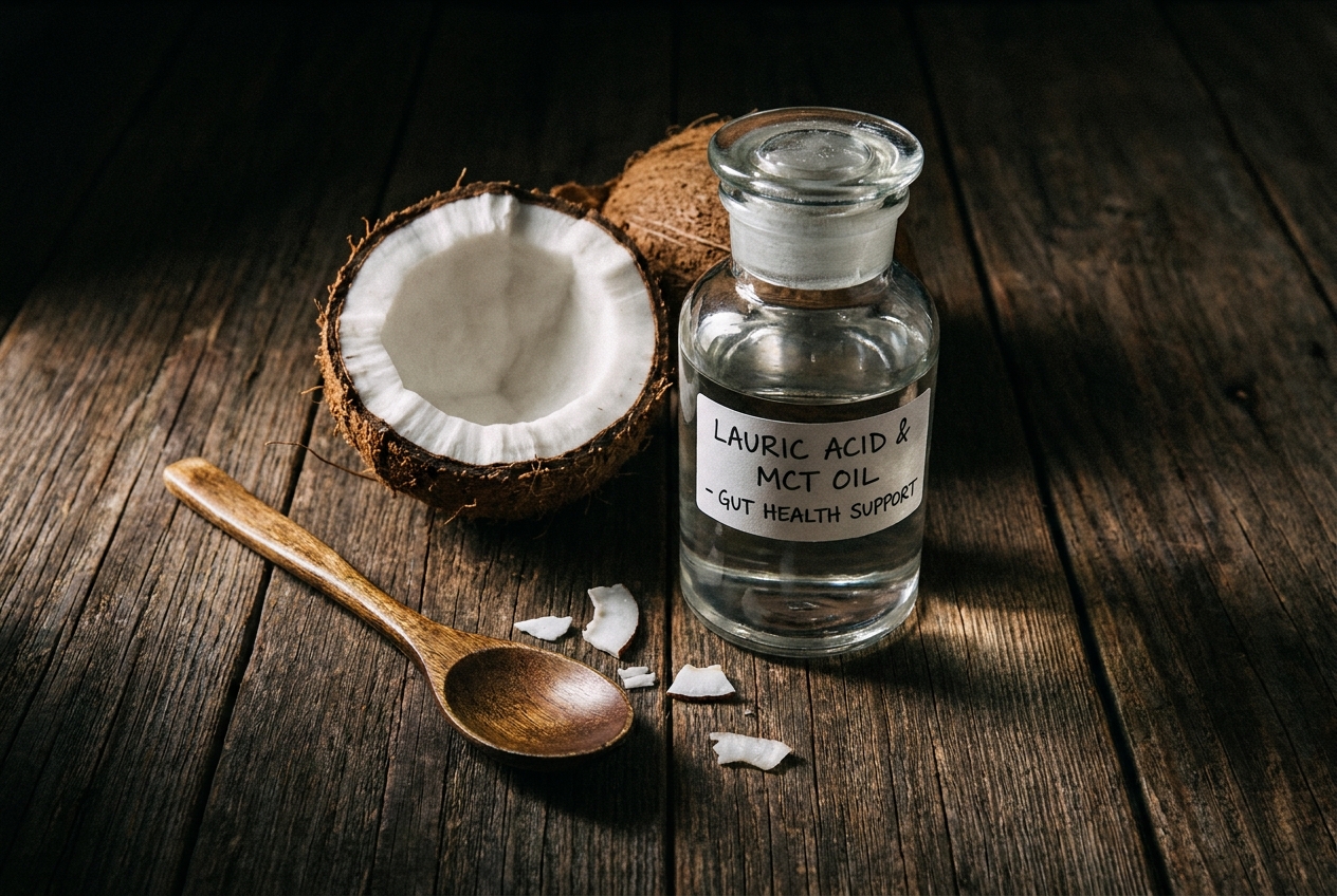 A halved raw coconut and a glass jar of clear liquid sitting on a rustic wooden table.