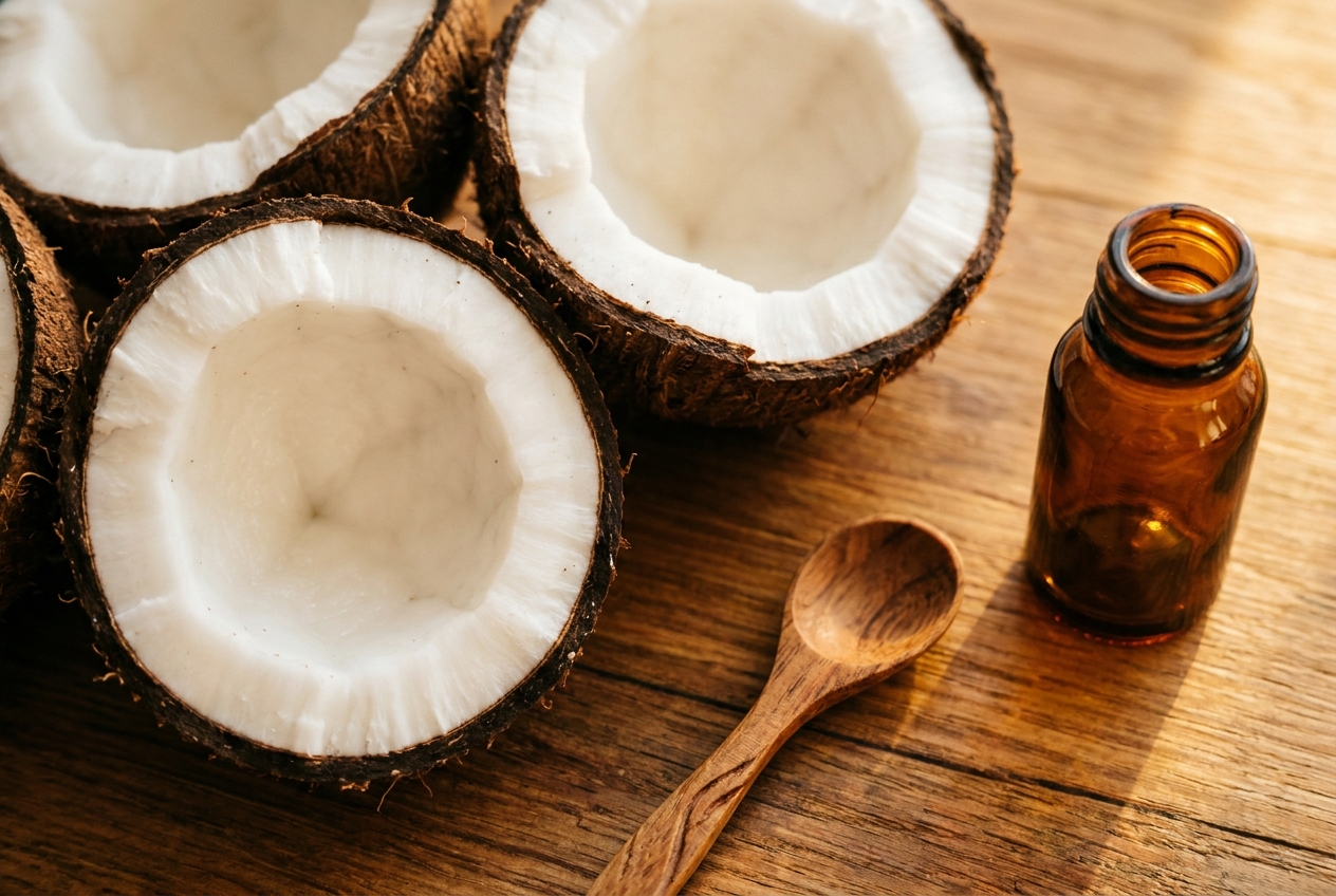 Halved raw coconuts and a small amber glass apothecary bottle sitting on a sunlit wooden countertop.