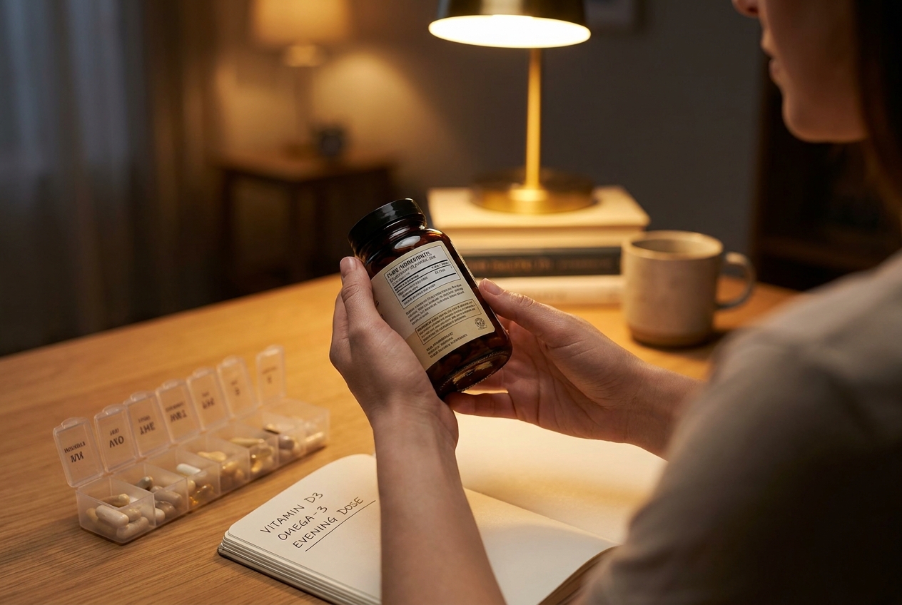 Caucasian hands carefully reading the ingredient label on a dark amber supplement bottle.
