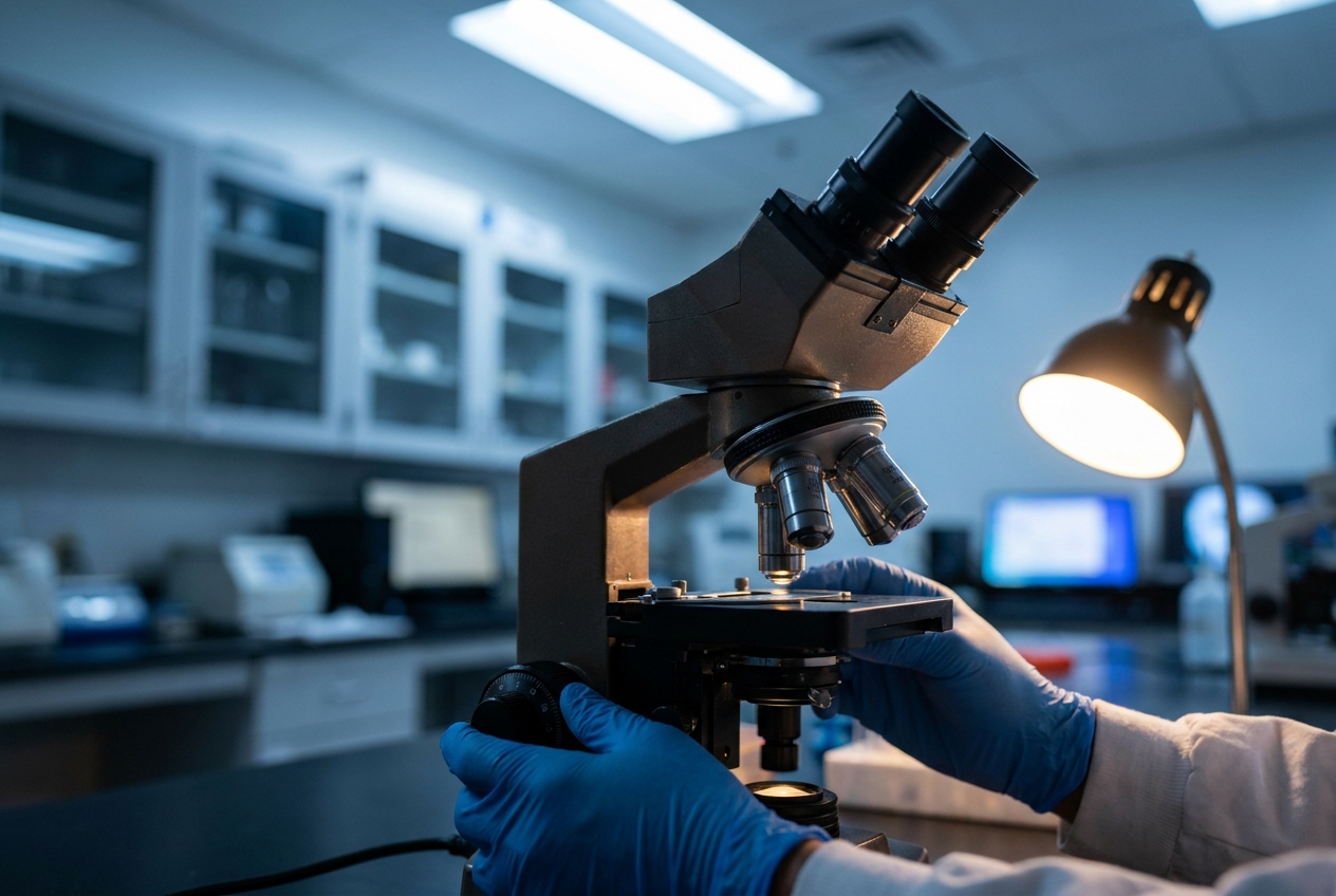 A researcher's warm olive hands adjusting the coarse focus knob of a modern laboratory microscope.
