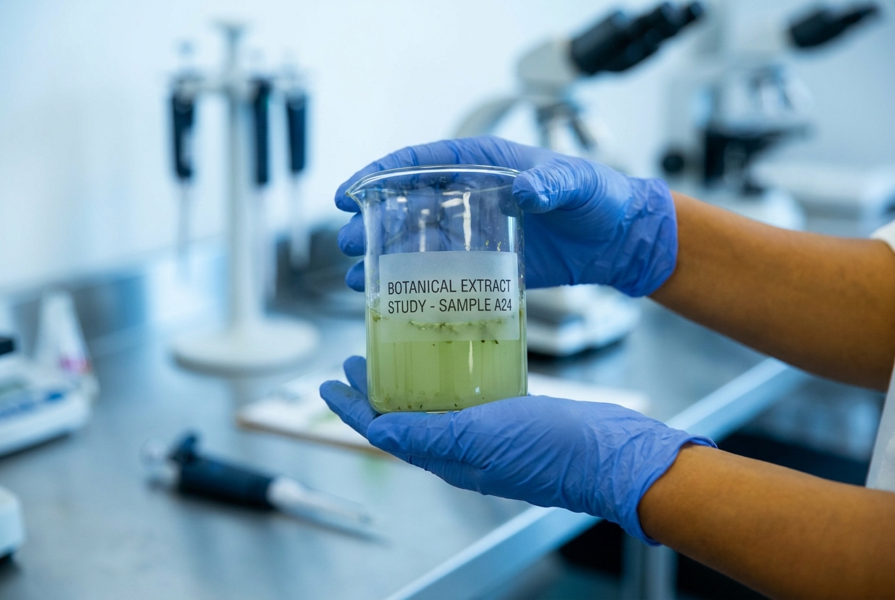 Gloved hands holding a glass beaker containing a cloudy liquid in a laboratory.