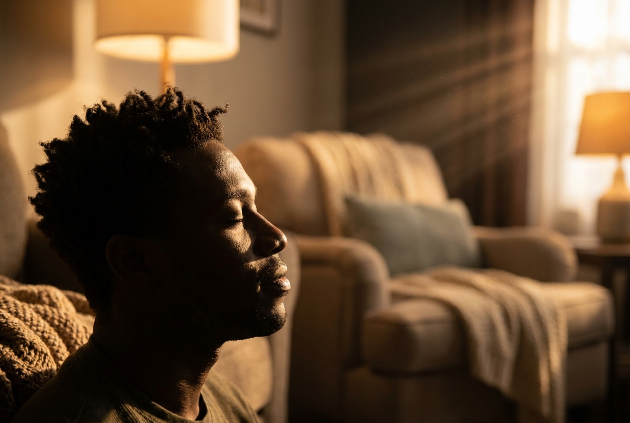 Profile silhouette of a Black man resting with his eyes closed, bathed in warm amber sunlight.