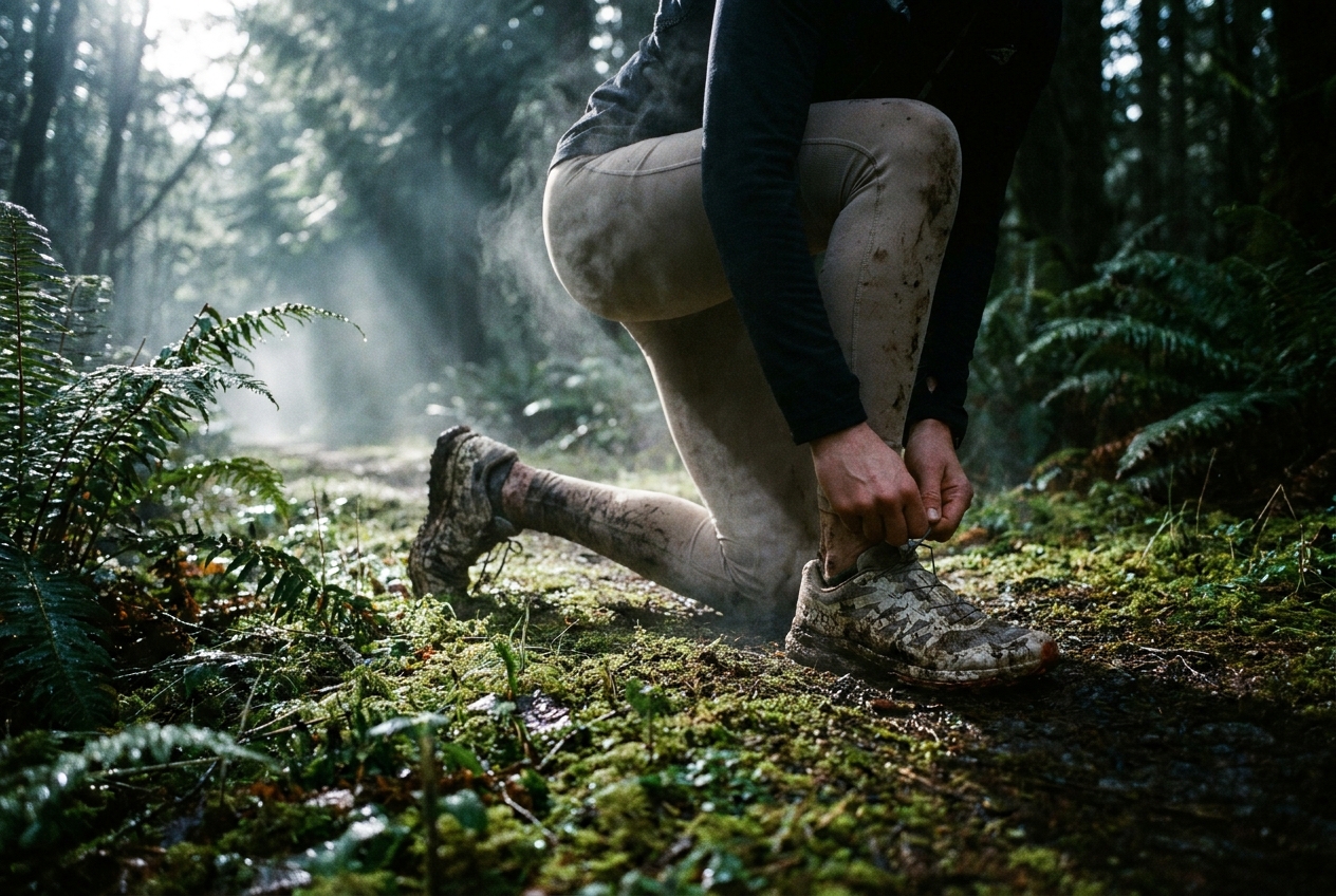 Runner adjusting shoe laces on a damp forest trail.