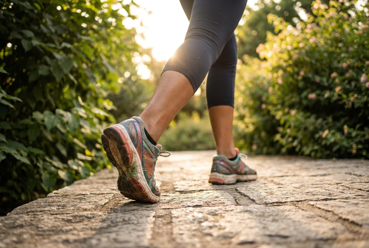 Close up of a woman's legs in running shoes stretching on a stone path in a green park during late afternoon.