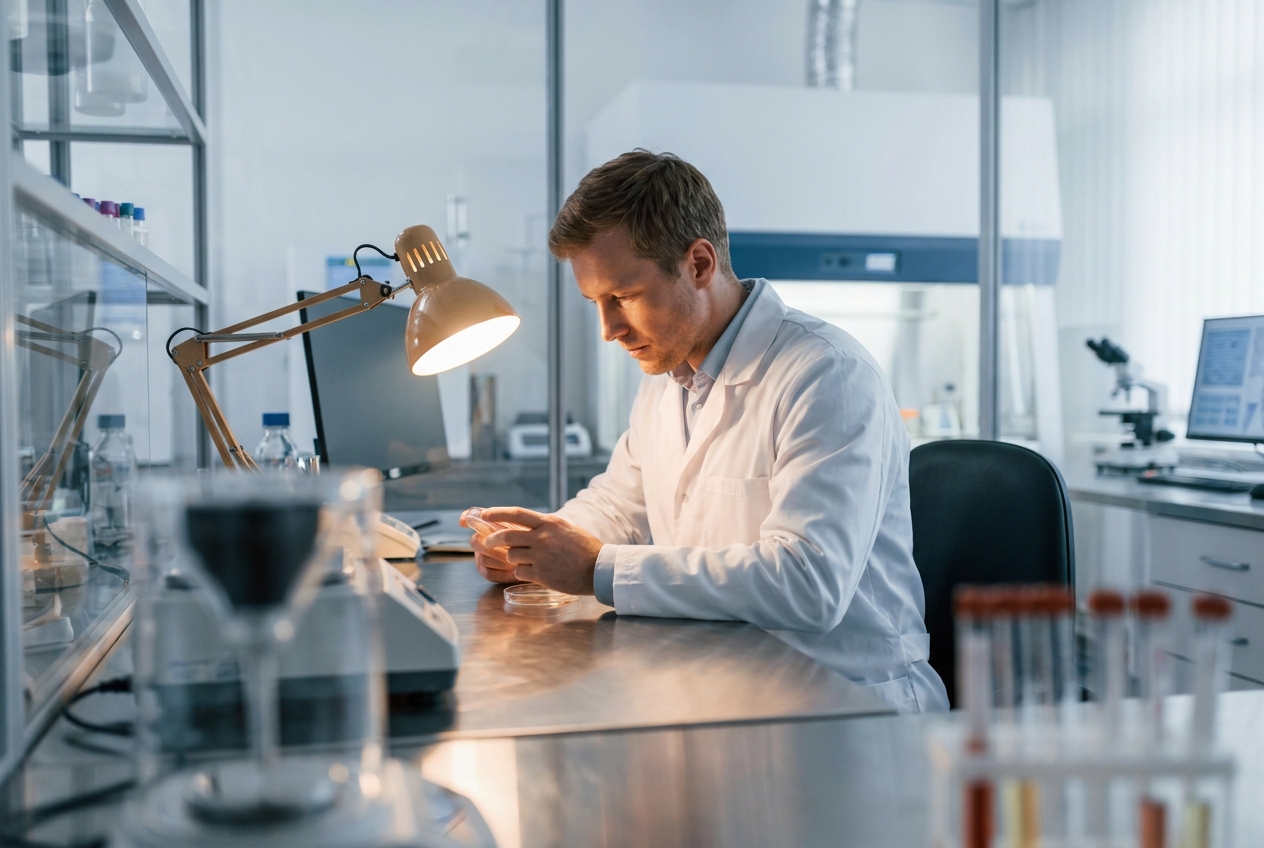 A scientist in a white lab coat examining a petri dish under a warm inspection lamp in a modern laboratory.