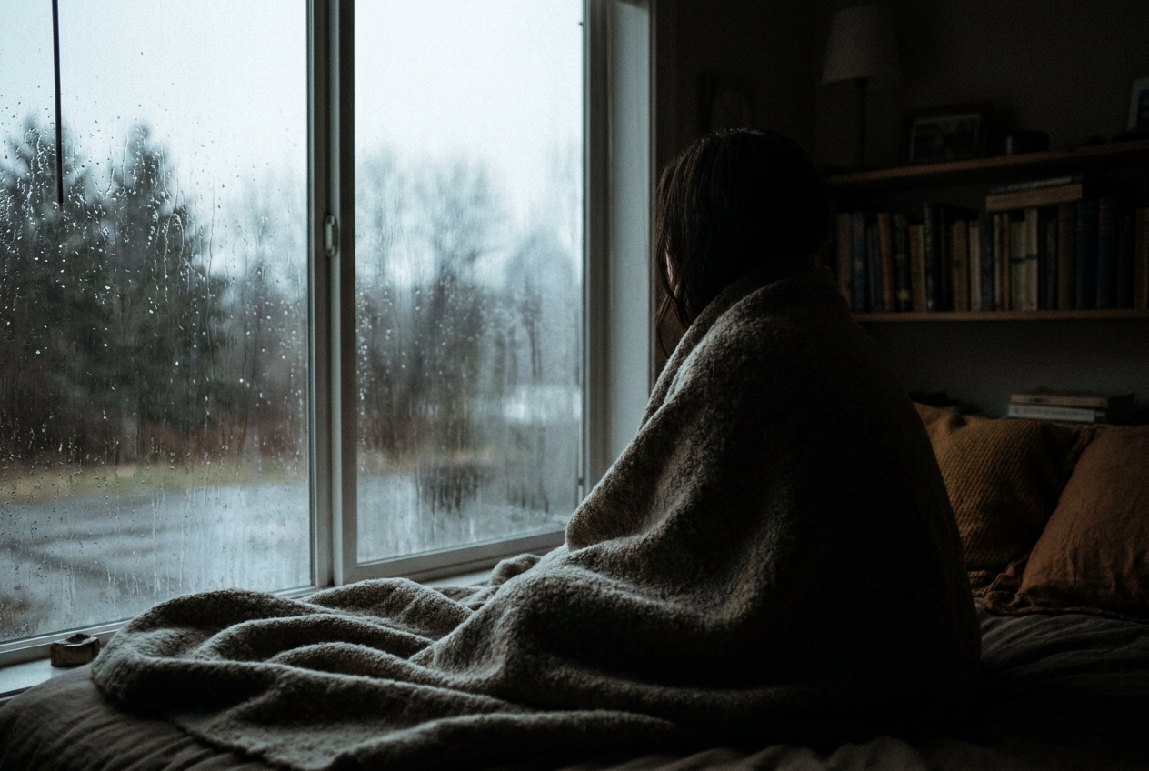 Silhouette of a person wrapped in a knitted blanket sitting by a rain-streaked window.