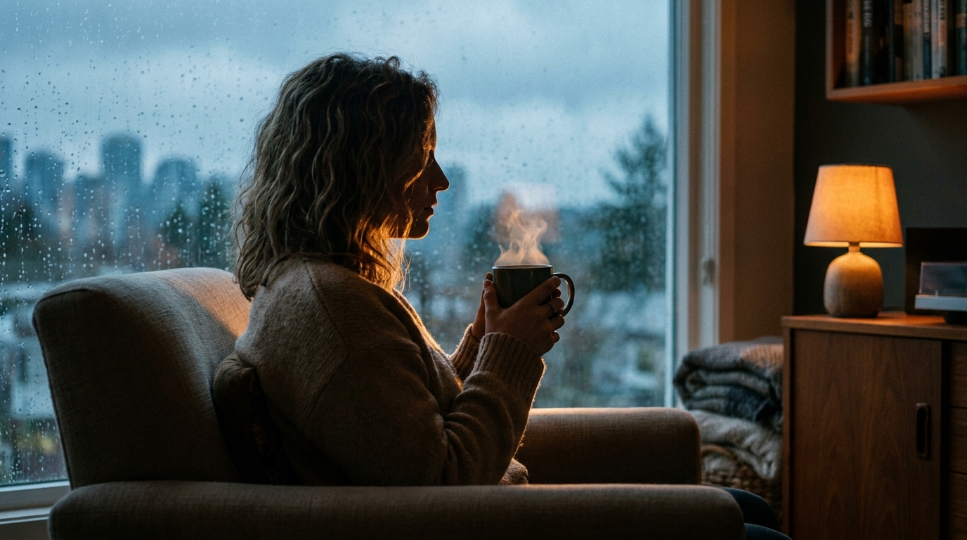 Silhouette of a person sitting by a rainy window, holding a steaming mug of tea.