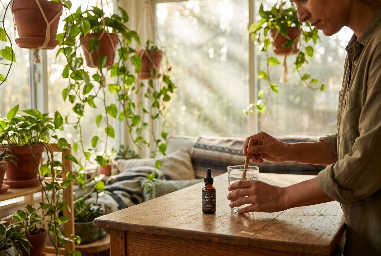 Olive-toned hands stirring a glass of water next to an amber apothecary bottle on a wooden table.