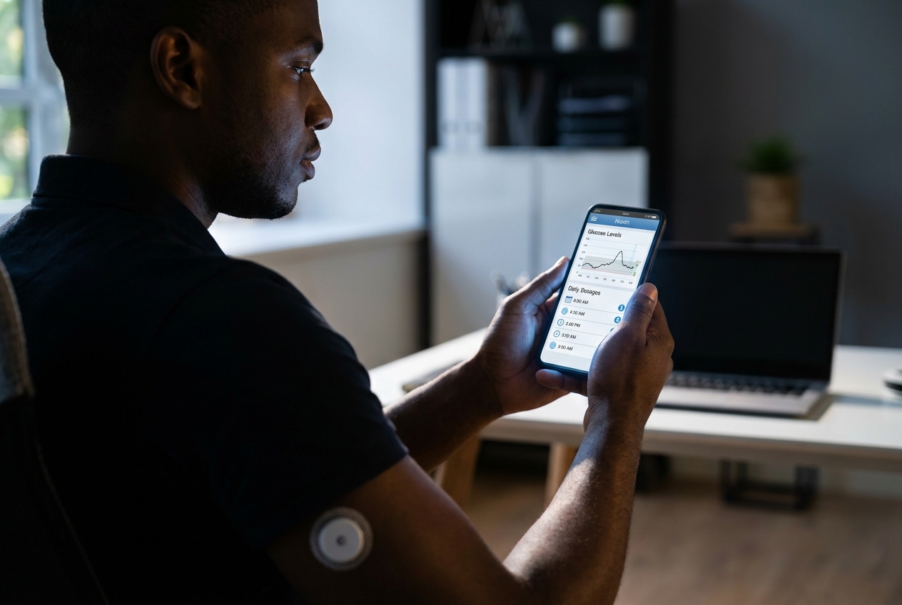 Man checking a realistic health tracking app on his smartphone to schedule his supplement doses.