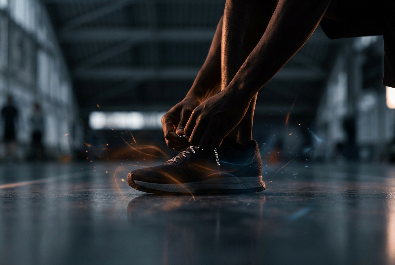 Close-up of a person's hands tying their running shoes in a dimly lit fitness space.