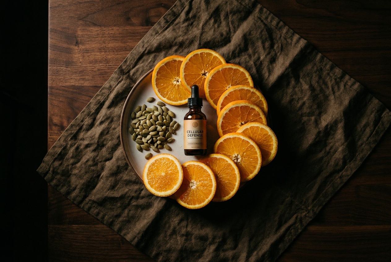 Freshly sliced oranges and pumpkin seeds arranged on a dark wooden table.