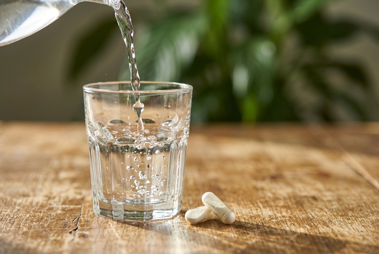 Close-up of water pouring into a glass next to two supplement capsules on a wooden table.