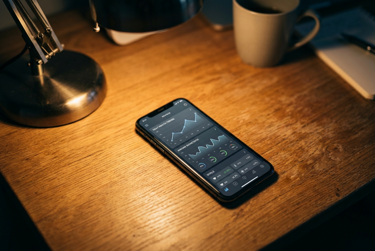 A smartphone on an oak desk displaying a realistic health tracking app with biometric line graphs.