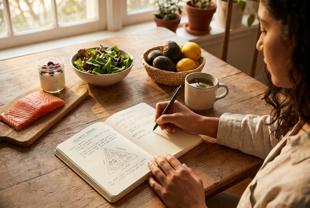 Woman writing in a wellness journal at a table with healthy, lysine-rich foods.