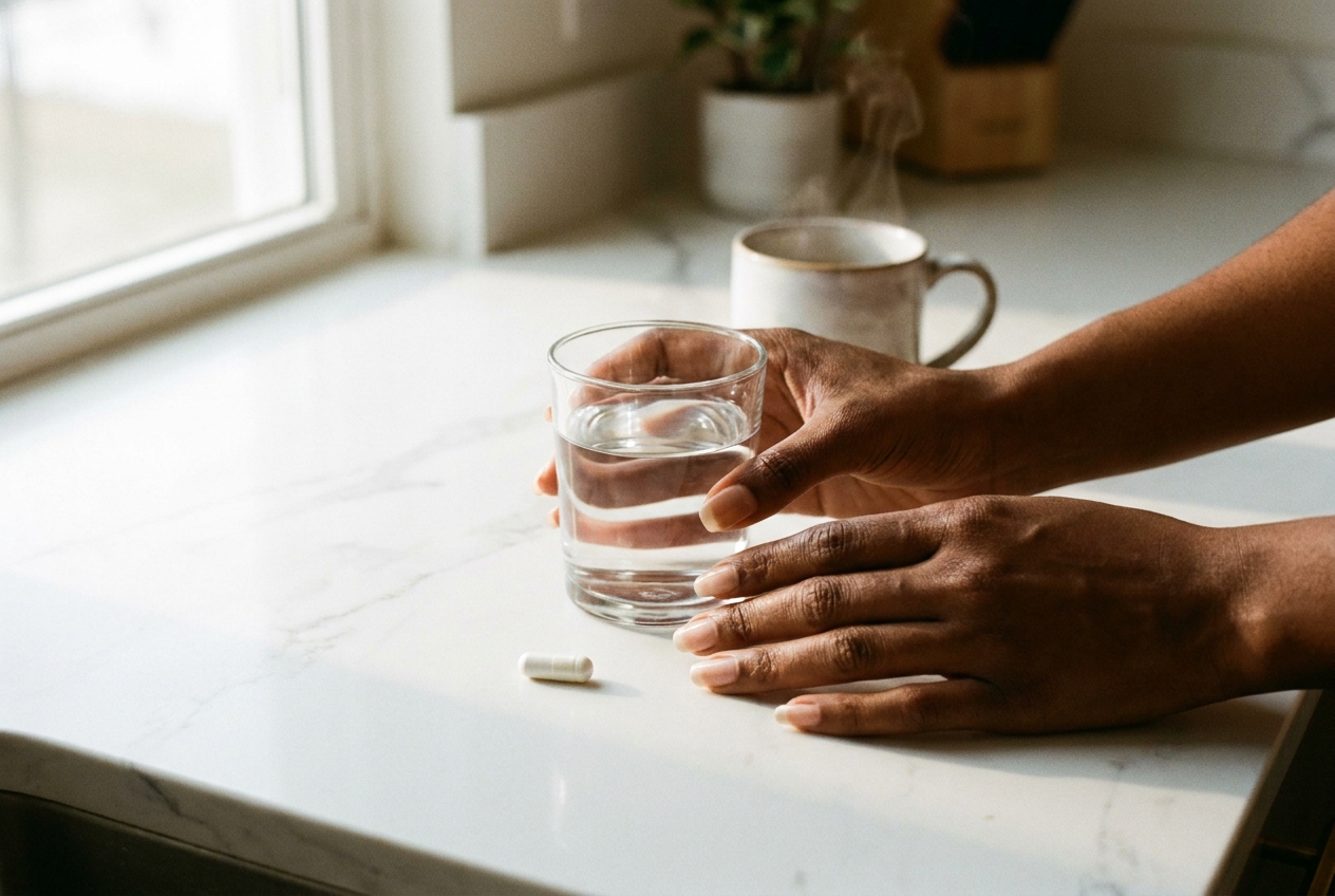 Close up of hands with deep mahogany skin placing a glass of water next to a white supplement capsule.