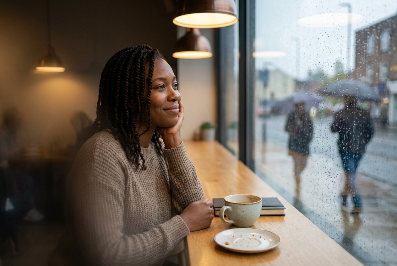 A woman looks peacefully out a rainy window with a cup of tea resting on the table in front of her.