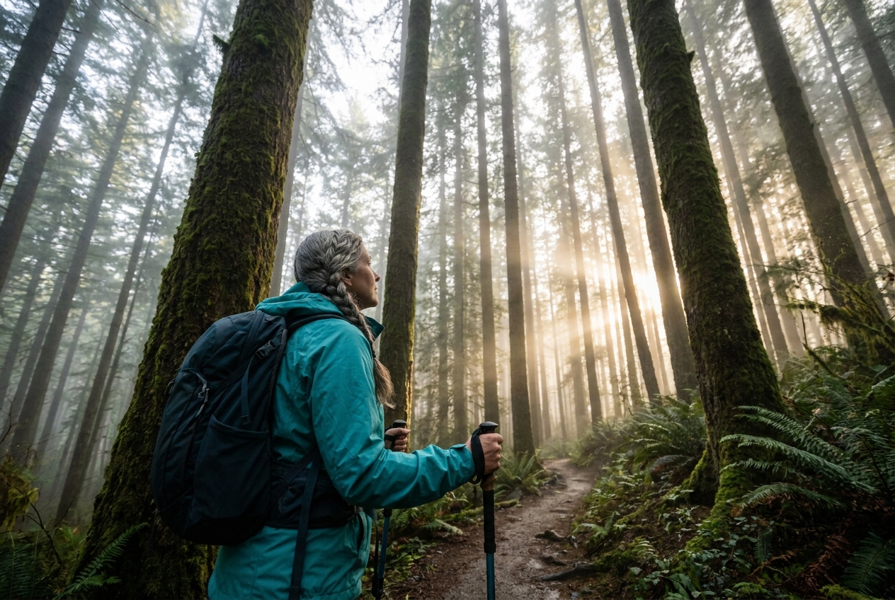 Woman hiking through a misty pine forest at dawn wearing a teal jacket.