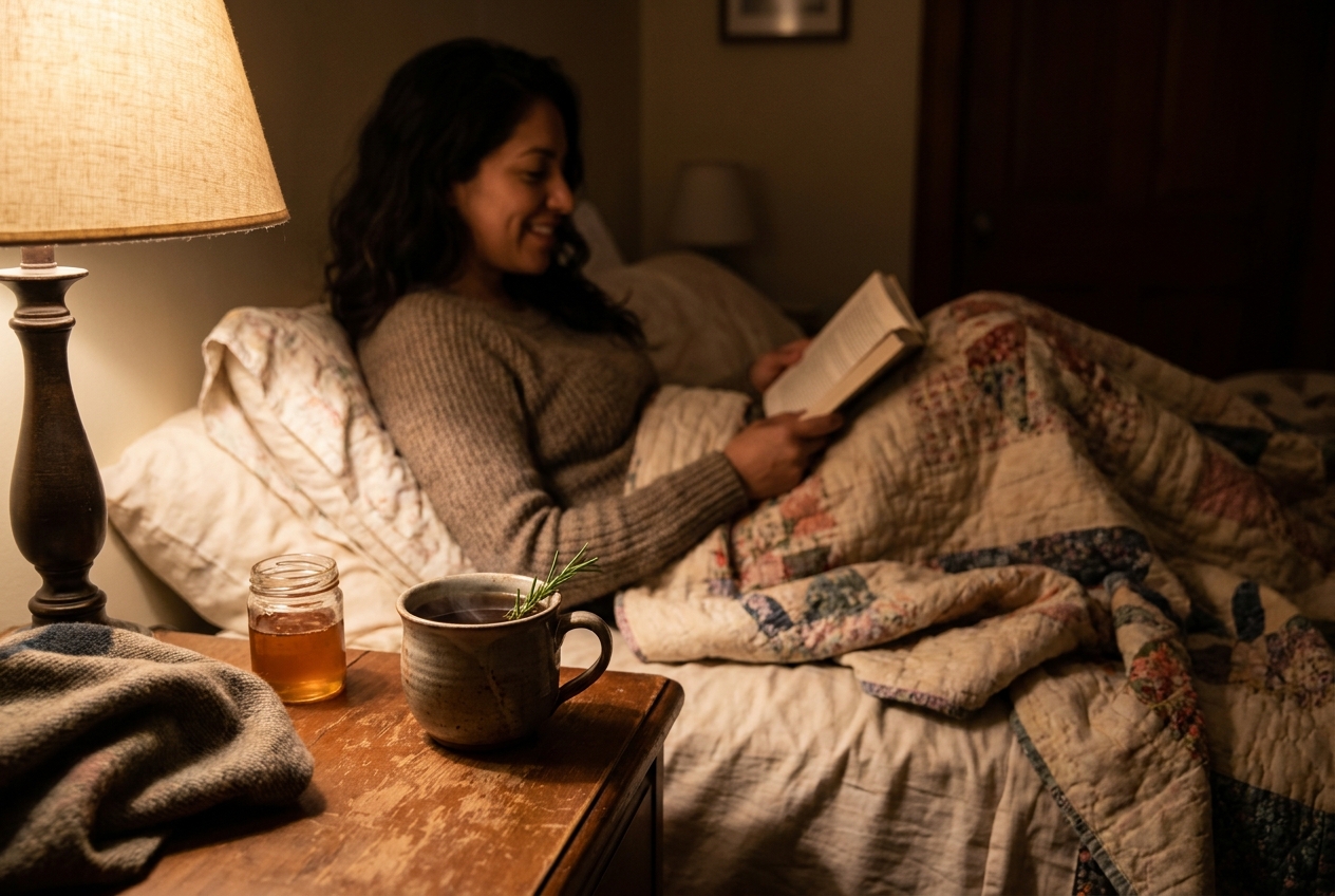 A steaming cup of tea on a bedside table with a woman comfortably resting in bed in the background.