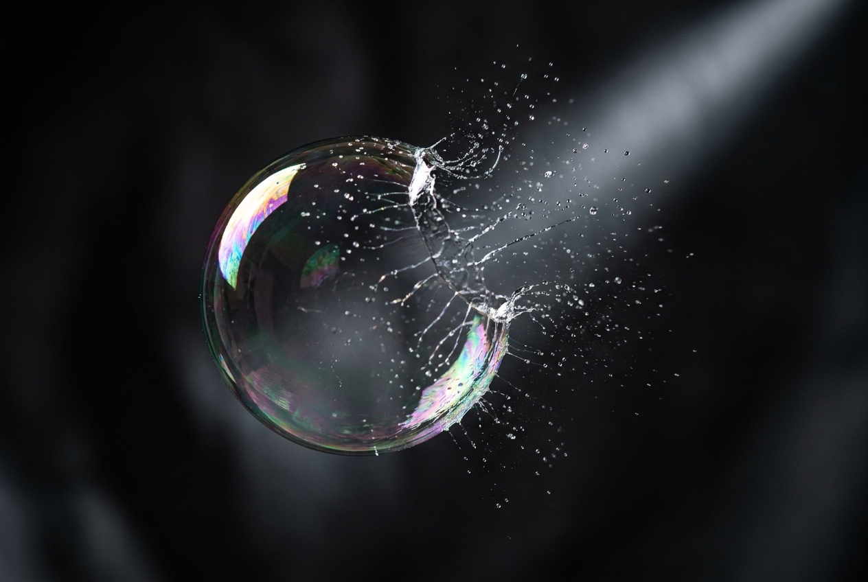 High-speed macro photograph of an iridescent liquid bubble bursting.