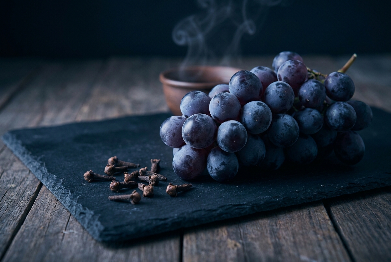 Dark purple grapes and dried brown cloves resting on a matte black slate board.