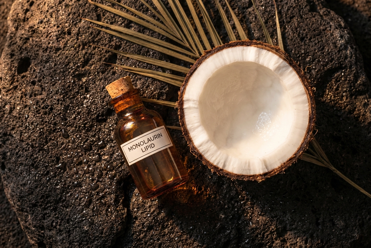 A halved raw coconut next to an amber glass vial of lipid oil on a dark stone surface.