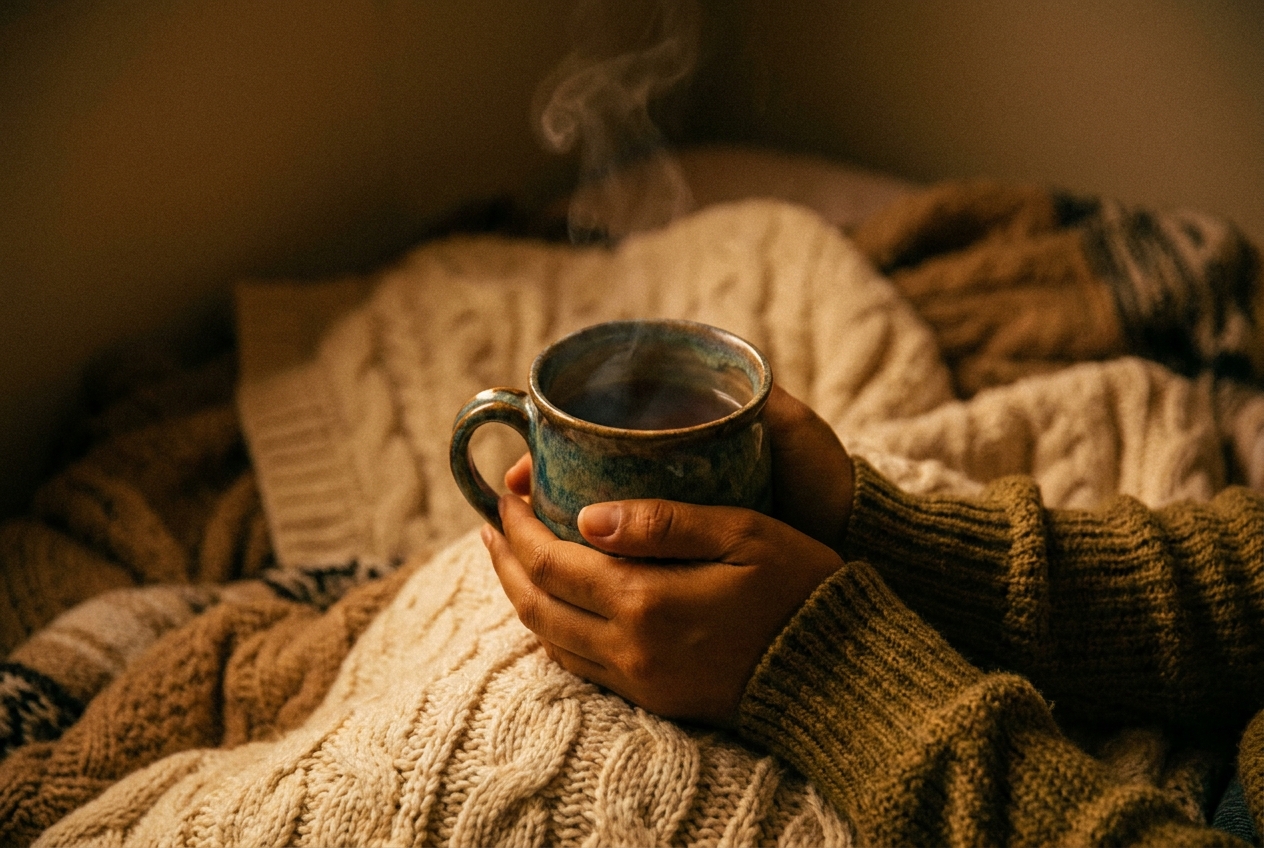 Close-up of a person's hands with olive skin holding a warm ceramic mug of tea wrapped in a cozy blanket.