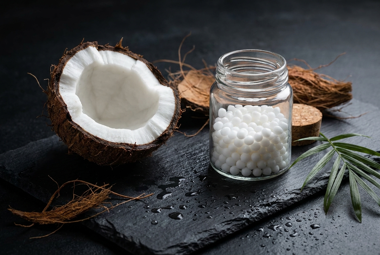 Freshly cracked coconut next to a clear glass jar of small white monolaurin pellets on a dark slate surface.