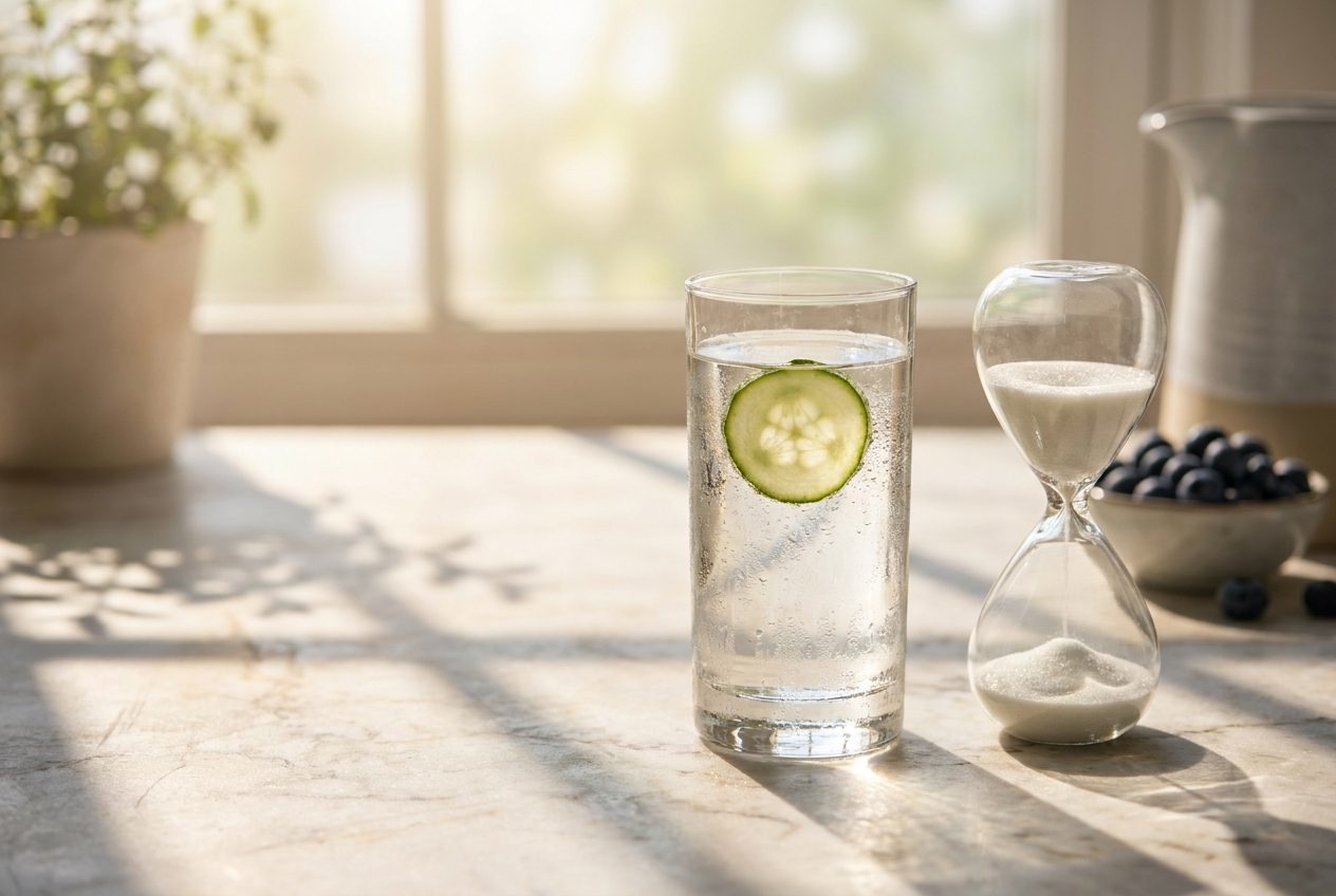 Condensation-covered crystal glass of cucumber water next to a flowing hourglass on a sunny marble counter.