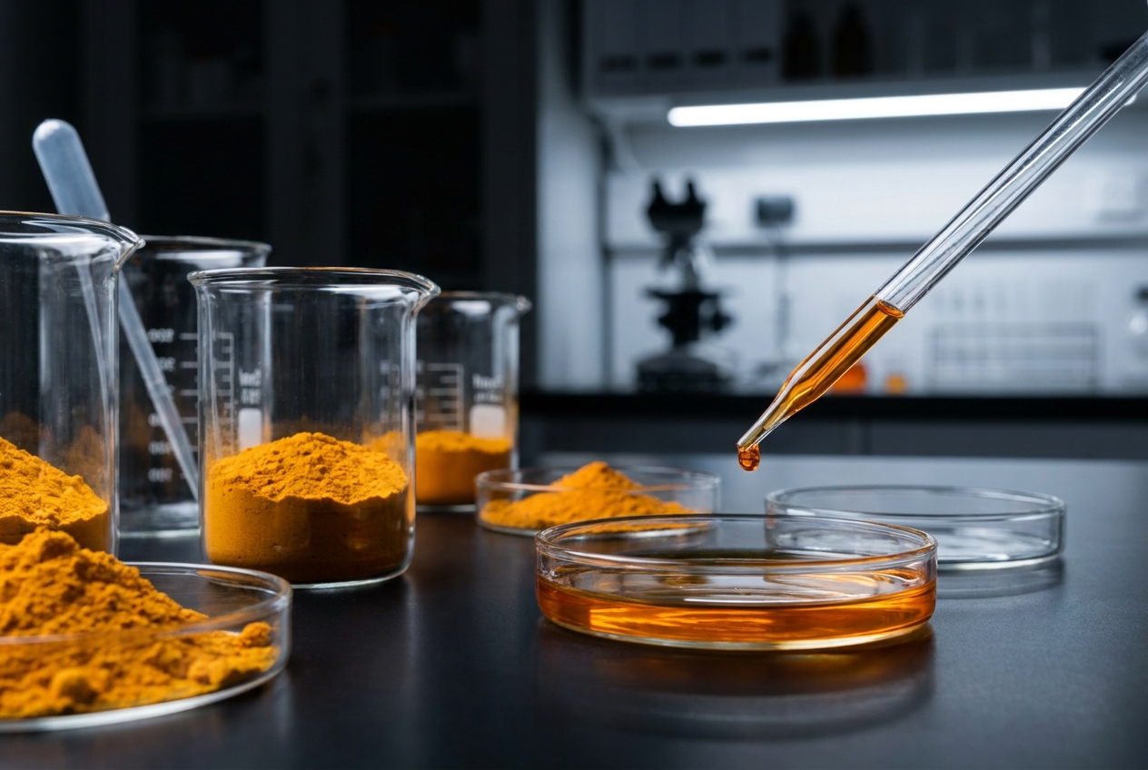 Scientific glass beakers containing vibrant orange turmeric powder and liquid extracts in a laboratory.