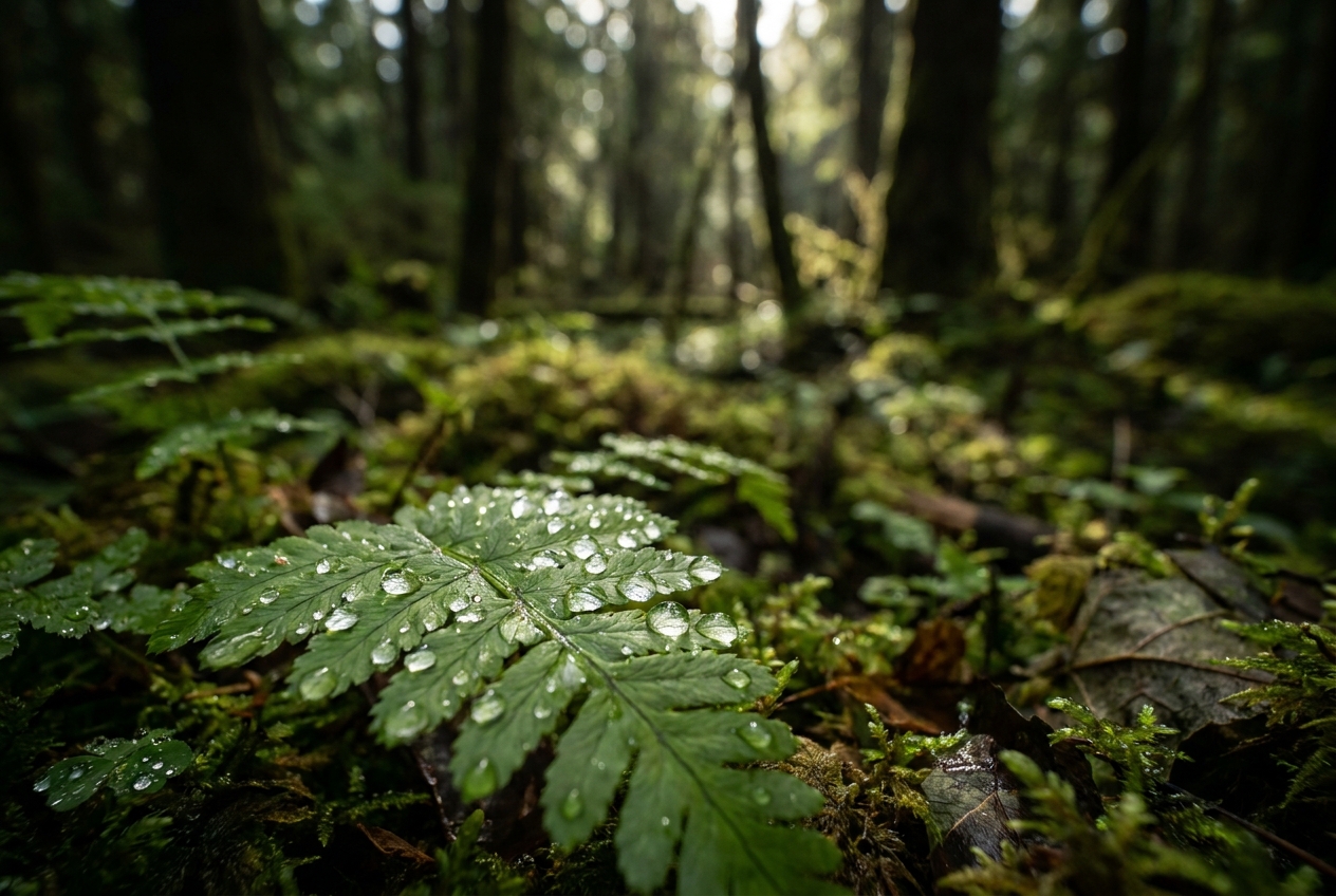 Macro photograph of dew drops resting delicately on fern leaf veins