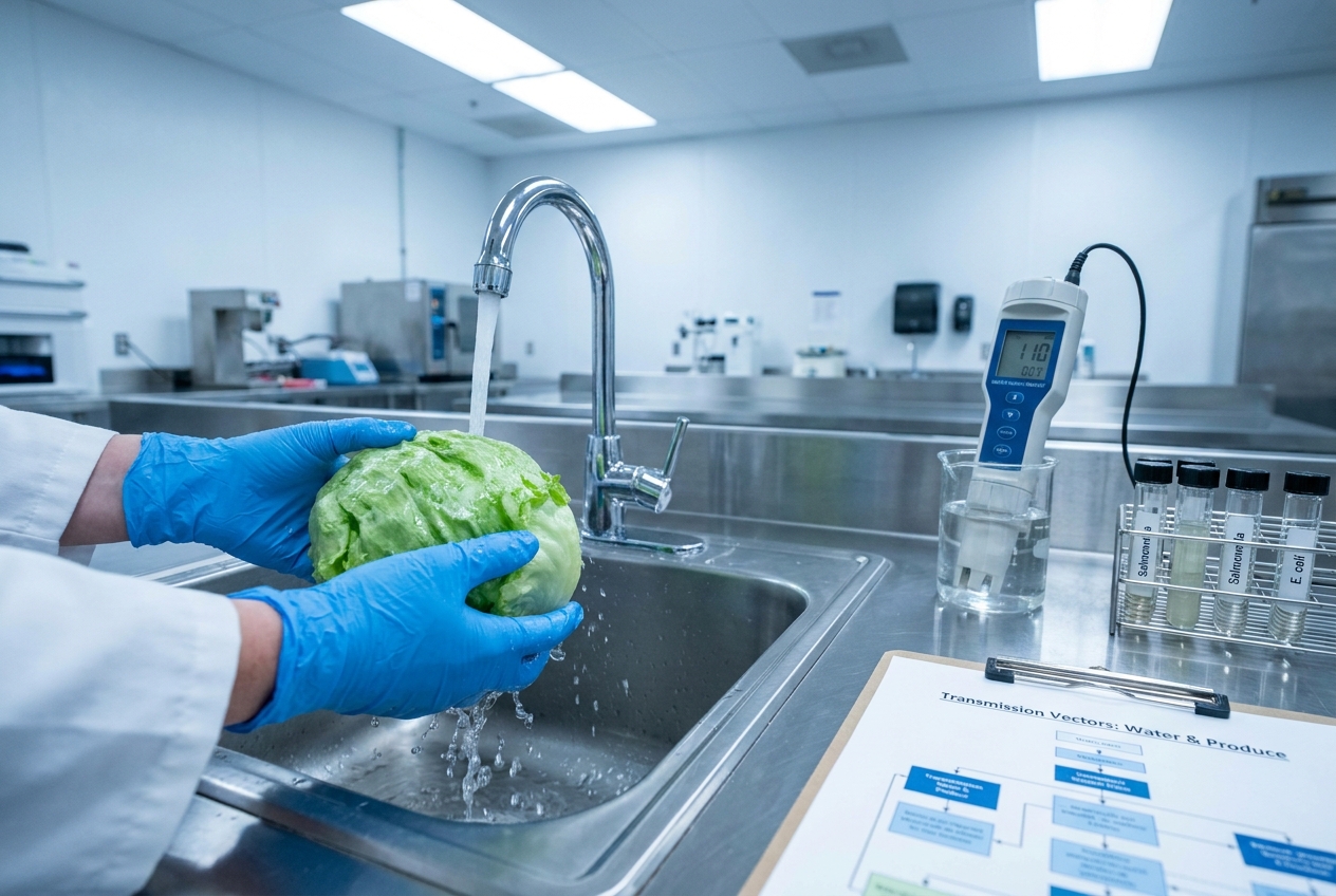 Gloved hands washing fresh iceberg lettuce next to scientific water testing equipment.