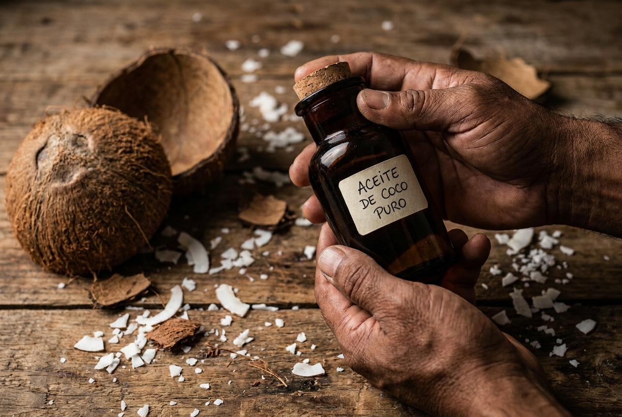 Weathered hands holding an amber glass supplement bottle next to a fresh, halved coconut