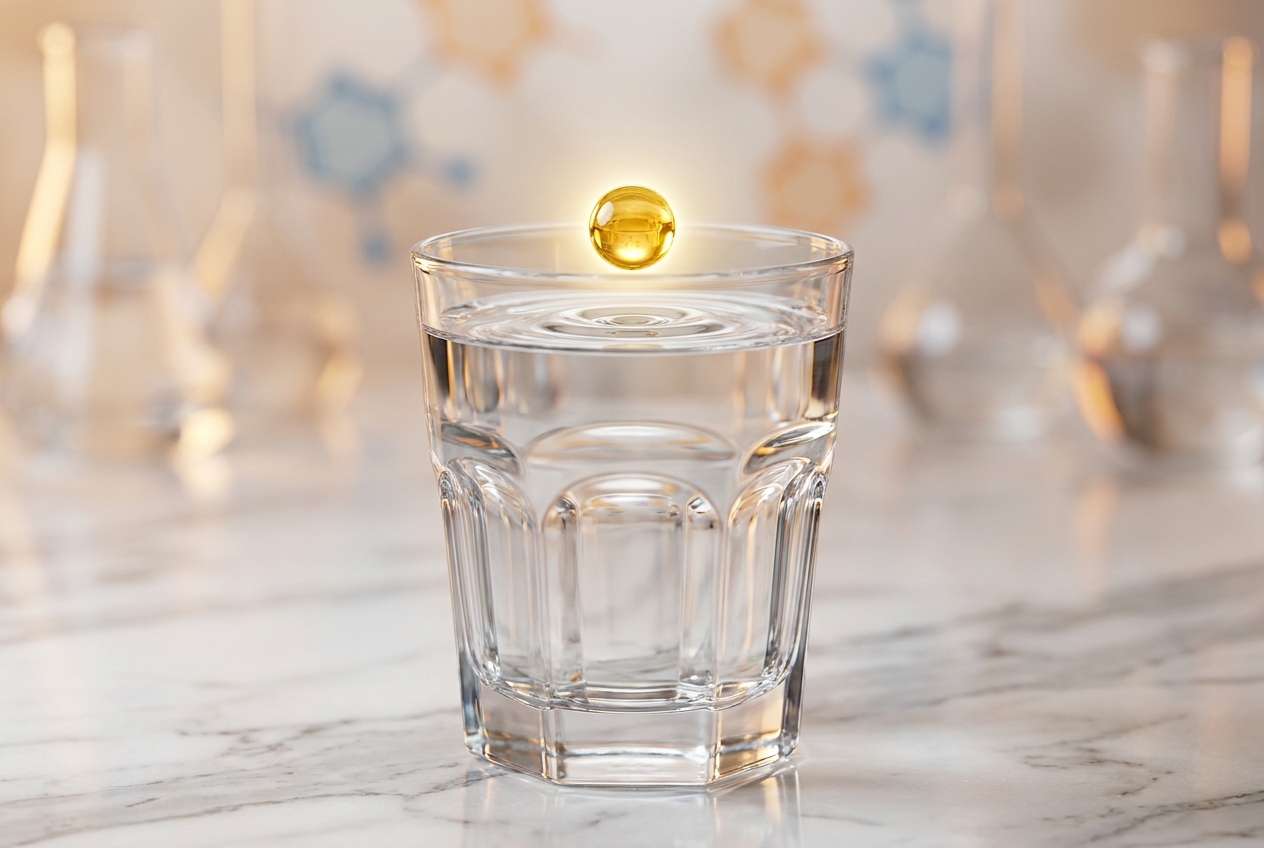 A glowing drop of golden oil falling into a clear glass of water