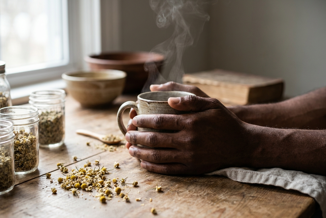 Close-up of a person's hands holding a warm, steaming ceramic mug.