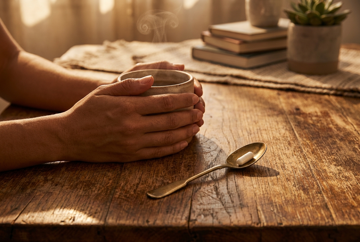 Close up of hands gently holding a ceramic mug on a wooden table near a brass spoon with a single white capsule.