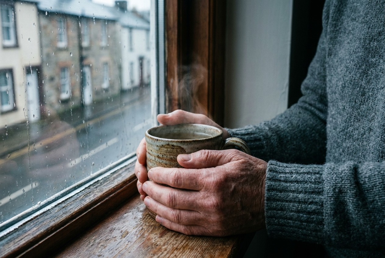 Close up of hands in a cozy sweater holding a warm mug of steaming tea by a rainy window.